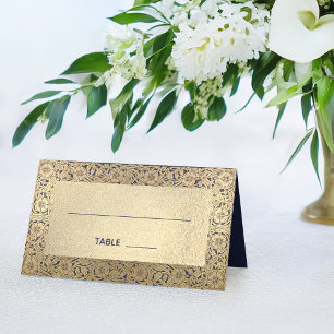 Cartão De Mesa Casamento Falso Ouro Azul Marinho Floral Vintage E