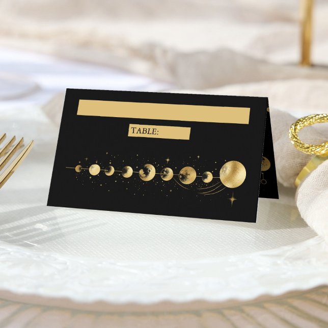 Cartão De Mesa Casamento Fases da Lua Crescente Preto Celestial D (Criador carregado)