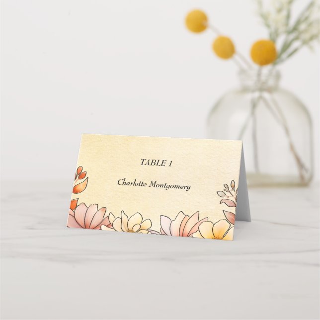 Cartão De Mesa Casamento Floral Aquarela Terracota Amarelo (Frente)