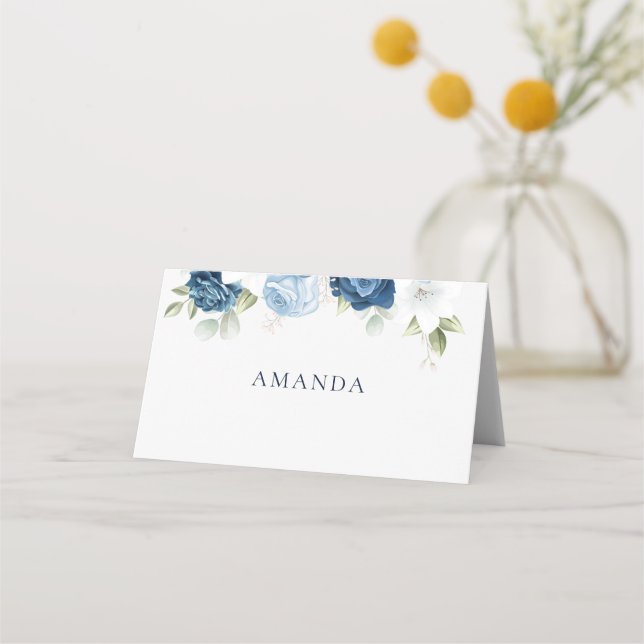 Cartão De Mesa Casamento Floral Azul com Água-Vedante (Frente)
