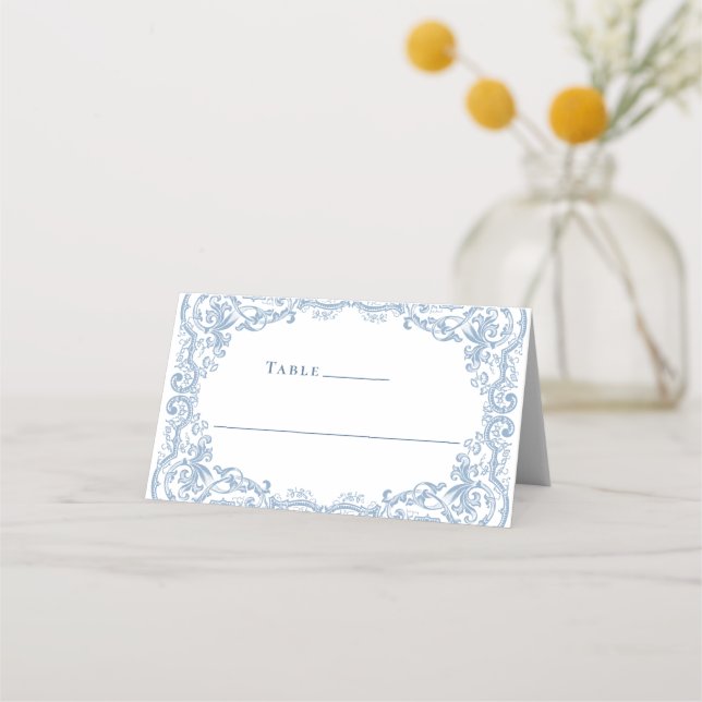 Cartão De Mesa Casamento Floral Azul Dusty Ornamentado Renascenti (Frente)