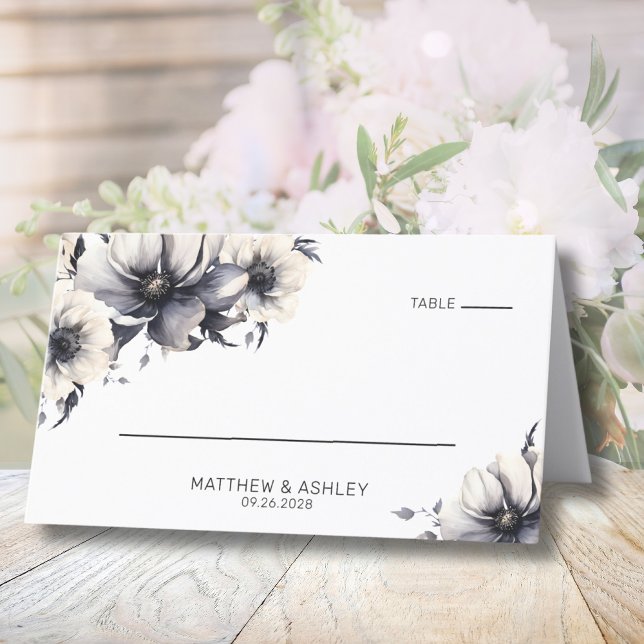 Cartão De Mesa Casamento Floral Branca Negra Negra Simples Elegan (Simple Elegant Modern Floral Black White Wedding Place Card)