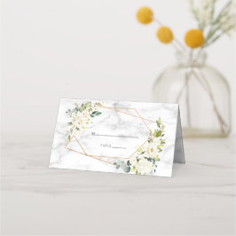 Cartão De Mesa Casamento Floral Branco Marble Geométrico de Cobre