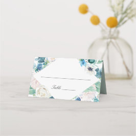 Cartão De Mesa Casamento Floral Branco Verde Azul Elegante