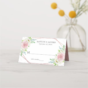 Cartão De Mesa Casamento Floral com Folha Rosa de Ouro Geométrica