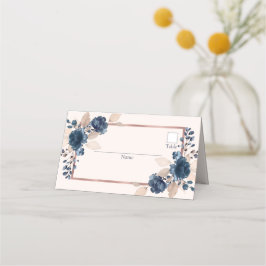 Cartão De Mesa Casamento Floral Cor-de-Rosa Azul, Dourada Marinho
