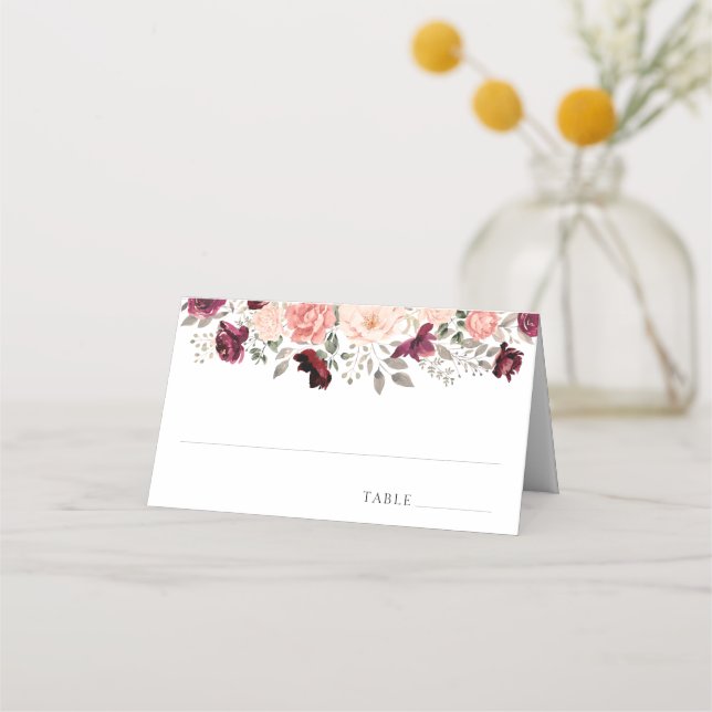 Cartão De Mesa Casamento Floral de Blush Burgundy Elegante (Frente)