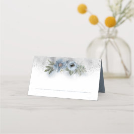 Cartão De Mesa Casamento Floral de Dusty Blue e Silver Glitter