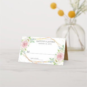 Cartão De Mesa Casamento Floral De Folha De Ouro Geométrico Chic