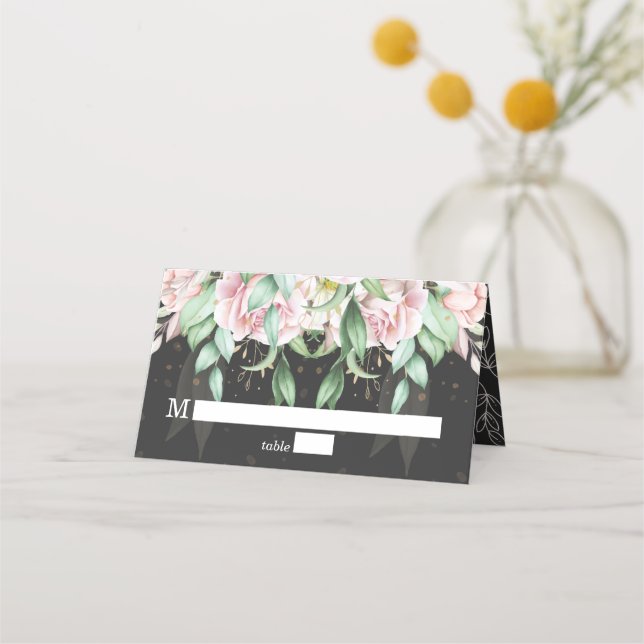 Cartão De Mesa Casamento Floral de Luxo Preto e Rosa (Frente)