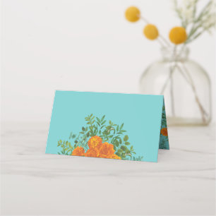 Cartão De Mesa Casamento Floral de Orange & Teal Aqua Peony & Ros