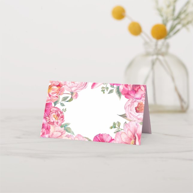 Cartão De Mesa Casamento Floral de Peões de Aquarela Rosa Brilhan (Frente)