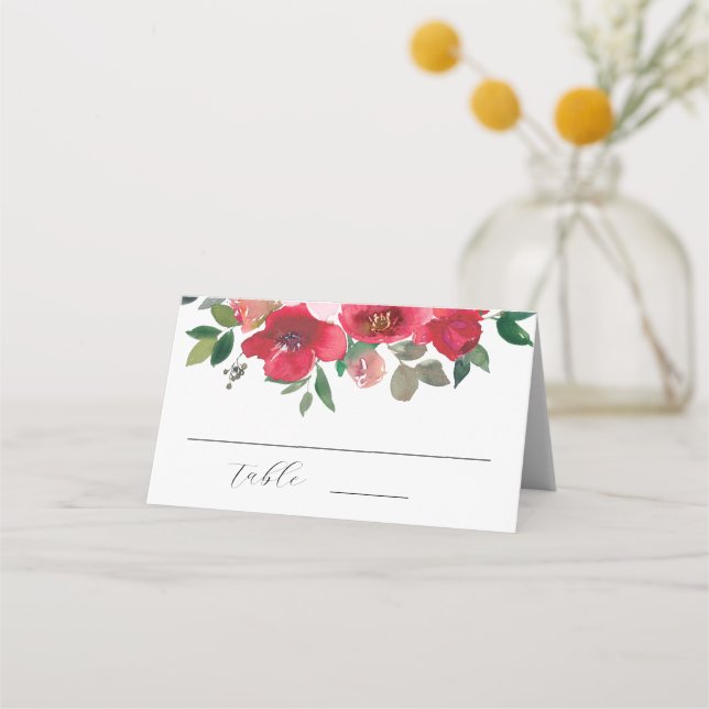 Cartão De Mesa Casamento Floral de Rosa vermelha de Aquarela Eleg (Frente)