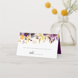 Cartão De Mesa Casamento Floral Dourado com Roxo de Ameixas