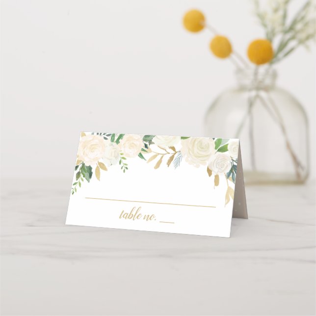 Cartão De Mesa Casamento Floral Dourado e Verde (Frente)