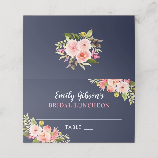 Cartão De Mesa Casamento Floral em Aquarela Azul Marinho e Rosa (Exterior/Desdobrado)