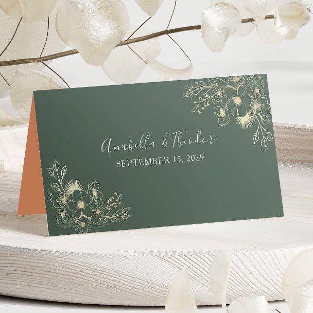 Cartão De Mesa Casamento Floral em Verde Oliva e Terracota (Criador carregado)