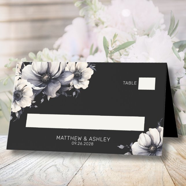 Cartão De Mesa Casamento Floral Moderno Elegante Negro (Elegant Black Floral Wedding Place Card)