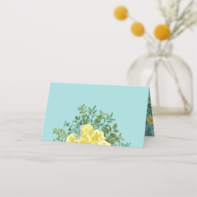 Cartão De Mesa Casamento Floral Primavera de Amarelo e Aqua Vinta (Frente)