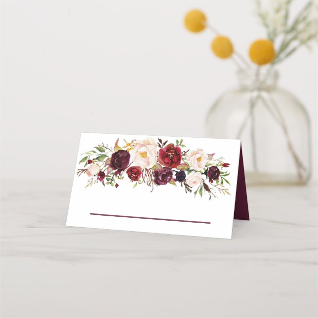 Cartão De Mesa Casamento Floral Profundo Burgundy (Frente)