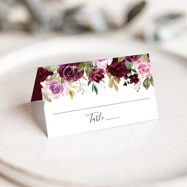 Cartão De Mesa Casamento Floral Rosa Rústico Borgonha e Roxo (Criador carregado)