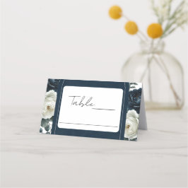 Cartão De Mesa Casamento Floral Verde Moderno Azul Escuro e Branc