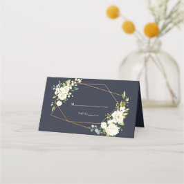Cartão De Mesa Casamento Geométrico Cobre Floral Azul Branco