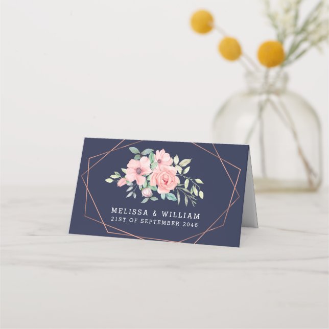 Cartão De Mesa Casamento Geométrico com marinho Blush Floral Wate (Verso)