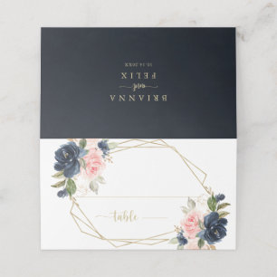 Cartão De Mesa Casamento Geométrico Dourado Floral com marinho Bl