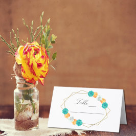 Cartão De Mesa Casamento Geométrico Laranja Teal Floral