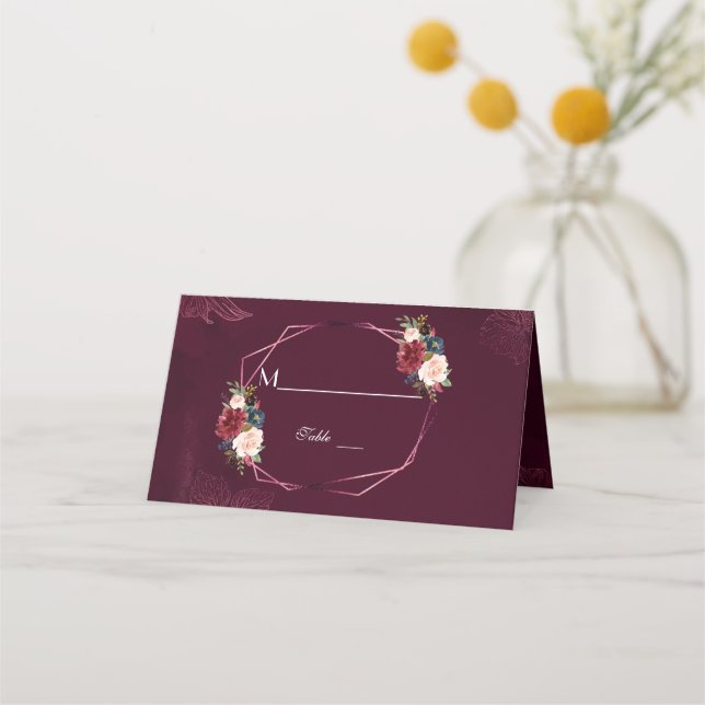 Cartão De Mesa Casamento Geométrico Real Burgundy Floral (Verso)