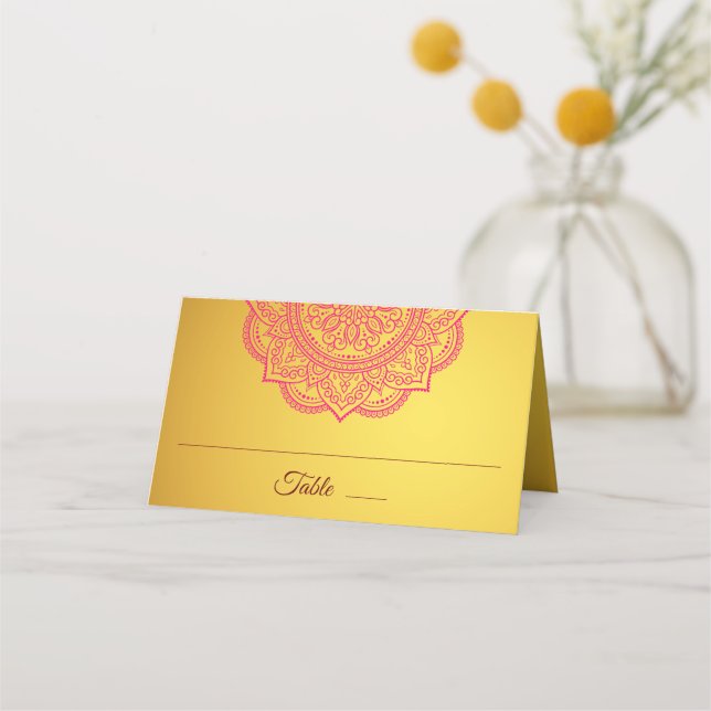 Cartão De Mesa Casamento Hindu Indígena Elegante Dourado Rosa Ver (Frente)