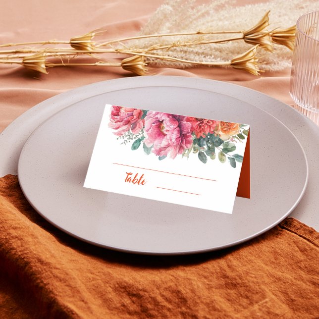 Cartão De Mesa Casamento Mínimo Laranja Floral e Rosa (Criador carregado)