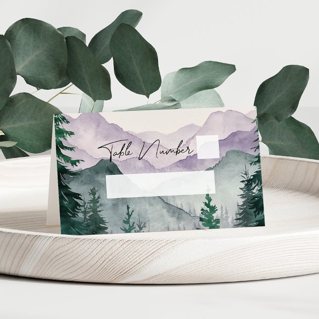 Cartão De Mesa Casamento Misty Mountain Forest Watercolor (Criador carregado)