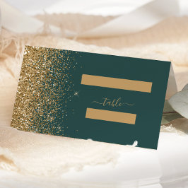 Cartão De Mesa Casamento Moderno com Borda de Brilho Dourado Verd