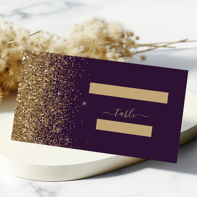 Cartão De Mesa Casamento Moderno com Brilho Dourado e Borda Roxa (Criador carregado)