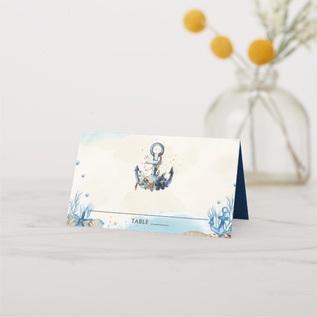 Cartão De Mesa Casamento Moderno da Praia da Anchor Náutica Chic (Frente)