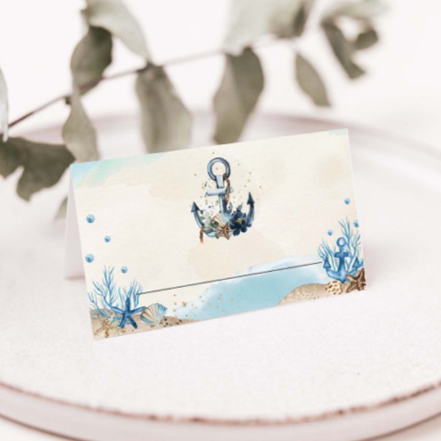 Cartão De Mesa Casamento Moderno da Praia da Anchor Náutica Chic (nautical beach wedding guest name tabletop folded tent place cards blue anchor floral oceanfront  )