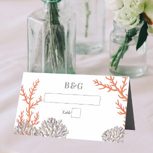 Cartão De Mesa Casamento Moderno de Praia de Coral Watercolor