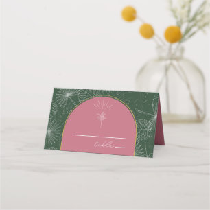 Cartão De Mesa Casamento na Praia com Palmeira Rosa e Verde