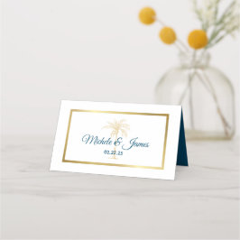 Cartão De Mesa Casamento na Praia com Palmeira Tropical em Dourad