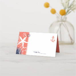Cartão De Mesa Casamento Náutico Azul Coral e Marinho