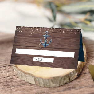 Cartão De Mesa Casamento Náutico de Madeira Rústica Azul Naval Ân