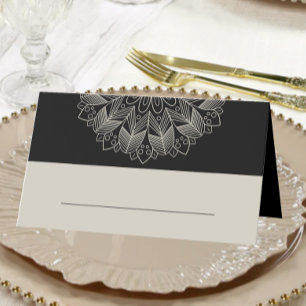 Cartão De Mesa Casamento Negro Elegante Indiano Mandala Boho