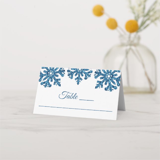 Cartão De Mesa Casamento no inverno Azul Floco de Neve (Frente)