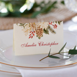 Cartão De Mesa Casamento no inverno de Flores Evergreen