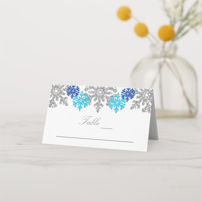 Cartão De Mesa Casamento no inverno Silver Blue Snowflakes (Frente)