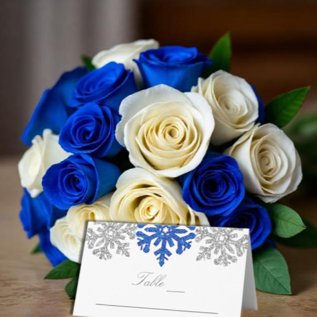 Cartão De Mesa Casamento no inverno Silver Blue Snowflakes (Criador carregado)