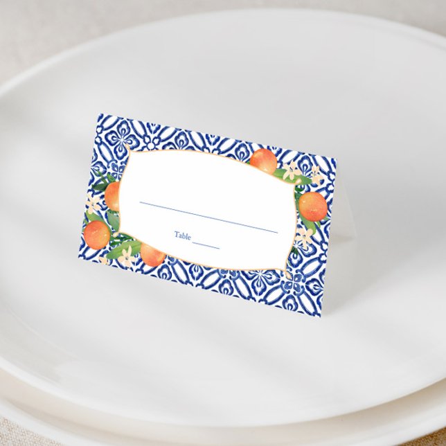 Cartão De Mesa Casamento Padrão de Azulejos Azuis Clássicos de La (Positano oranges with azulejo tile design wedding shower place cards)