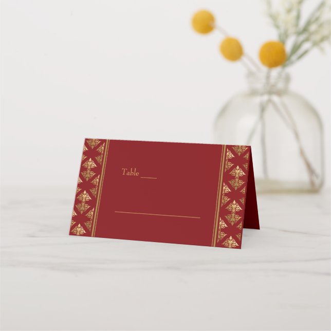 Cartão De Mesa Casamento Padrão do Dourado Damasco Vermelho Elega (Frente)